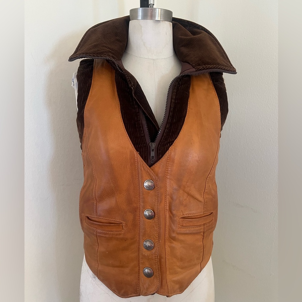 Brown Puffy Corduroy Vest with attached  Whiskey Brown Leather Vest Waistcoat 6